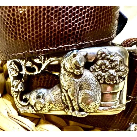 🐈⬛BRIGHTON🐈⬛ LEATHER SNAKE EMBOSSED TEXTURE CATS & FLOWERPOT BUCKLE VTG BELT🐈 - Picture 10 of 13